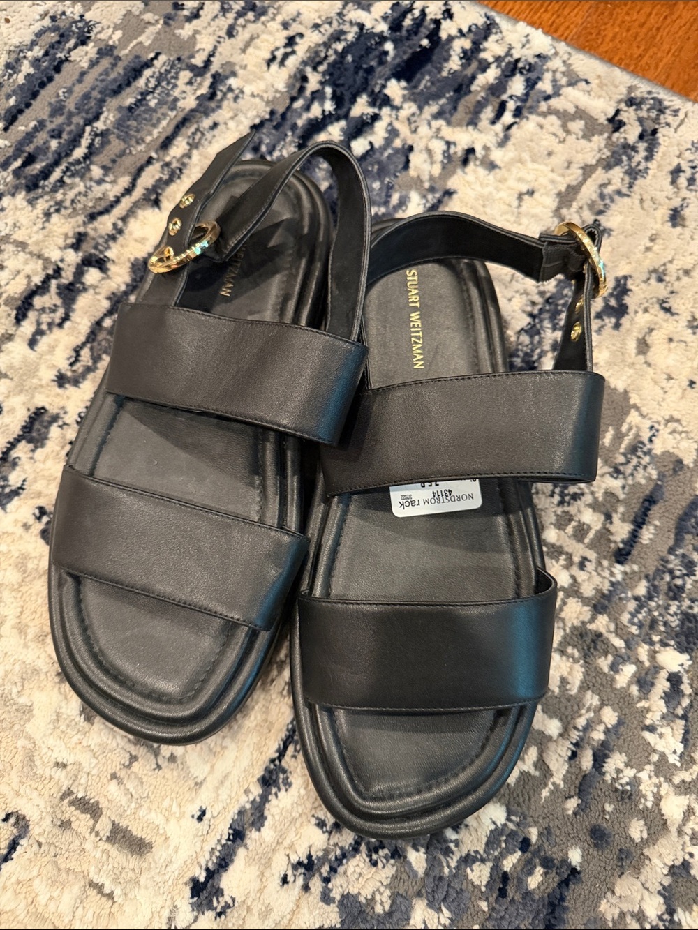Stuart Weitzman Black Leather Double-Strap Sandals - Picture 2 of 5